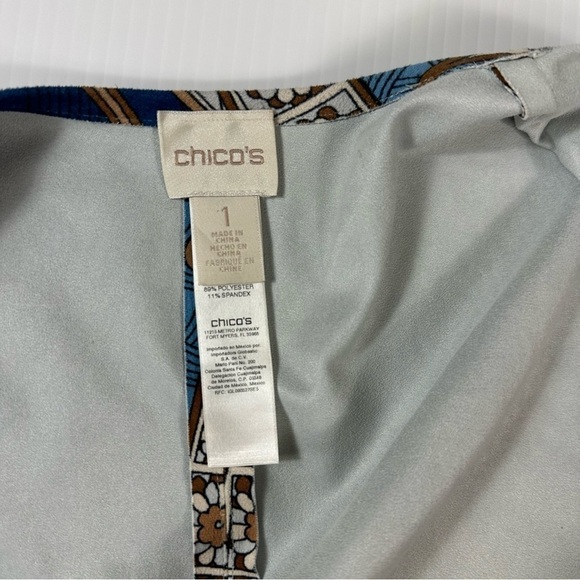 Chicos Faux Suede Jacket Paisley Sz 1 US 8 Medium Blue Beige Open Front Duster - Picture 13 of 15